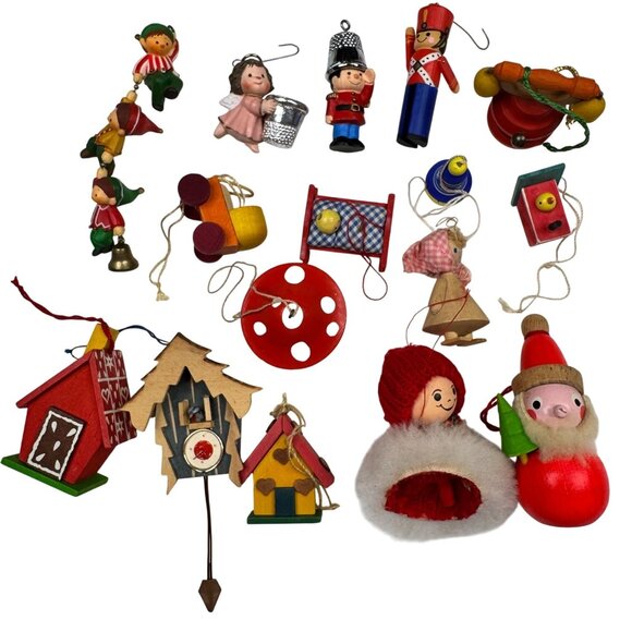Germany Italy Christmas Ornaments Lot Wooden Handmade Figures Houses Soldier Elf - Picture 1 of 13